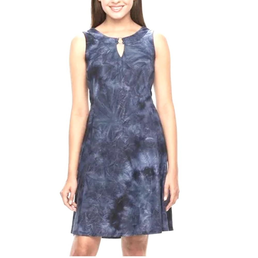 AB Studio Tie Dye Dress Blue Sleeveless Lightweight Large‎ Circle Ring Neckline